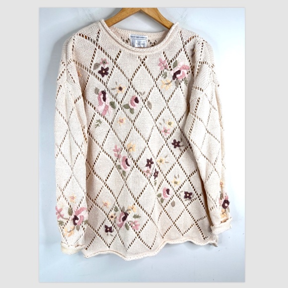Vintage 90s Granny Sweater L Hand Embroidered Floral Cottage Granny Chunky Ivory - Picture 1 of 11